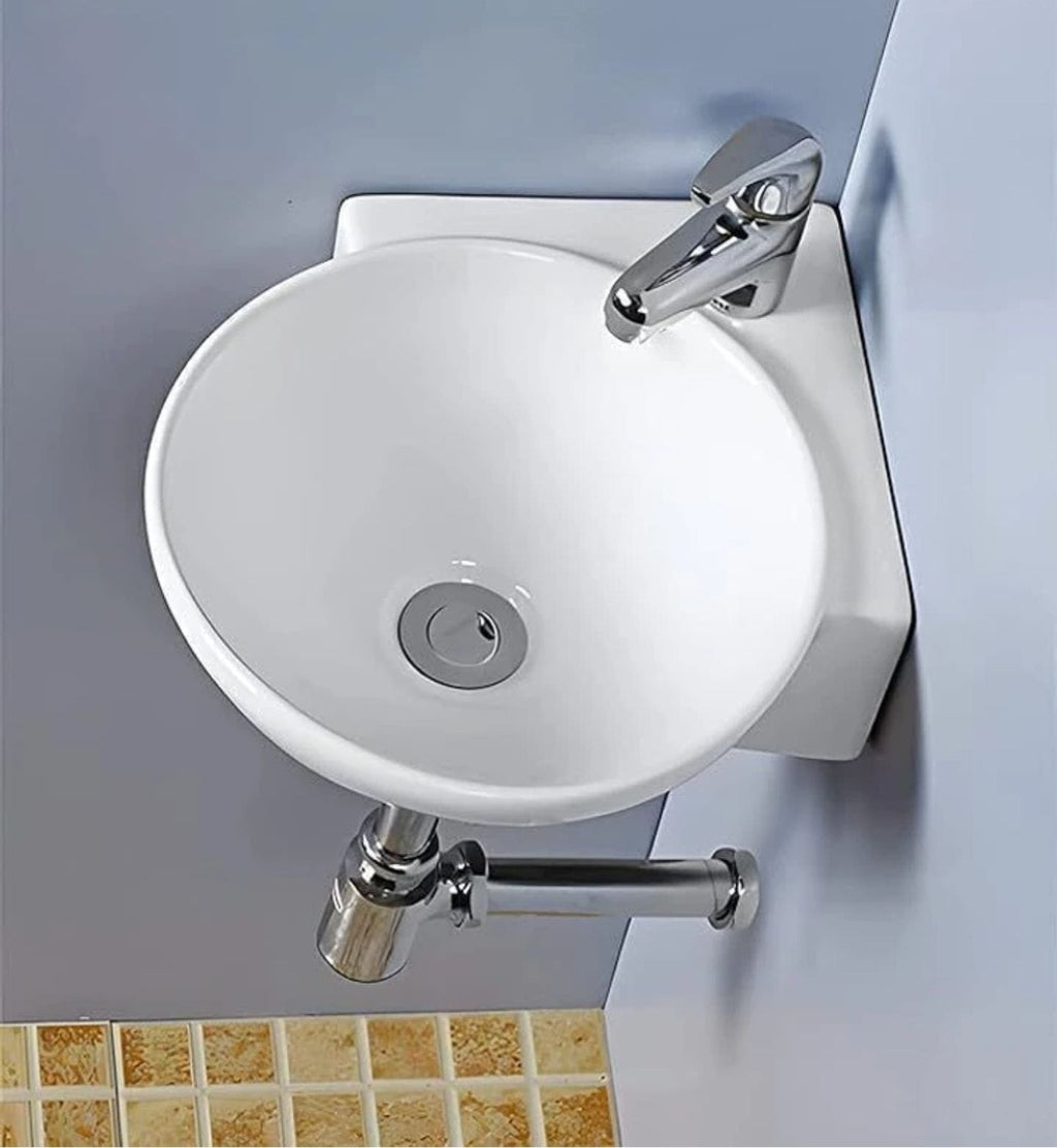 Foxx Sanitaryware Ceramic Premium High Gloss White Wash basin for Bathroom, Hotels, Kitchen Round Corner - Diamond White Corner Basin