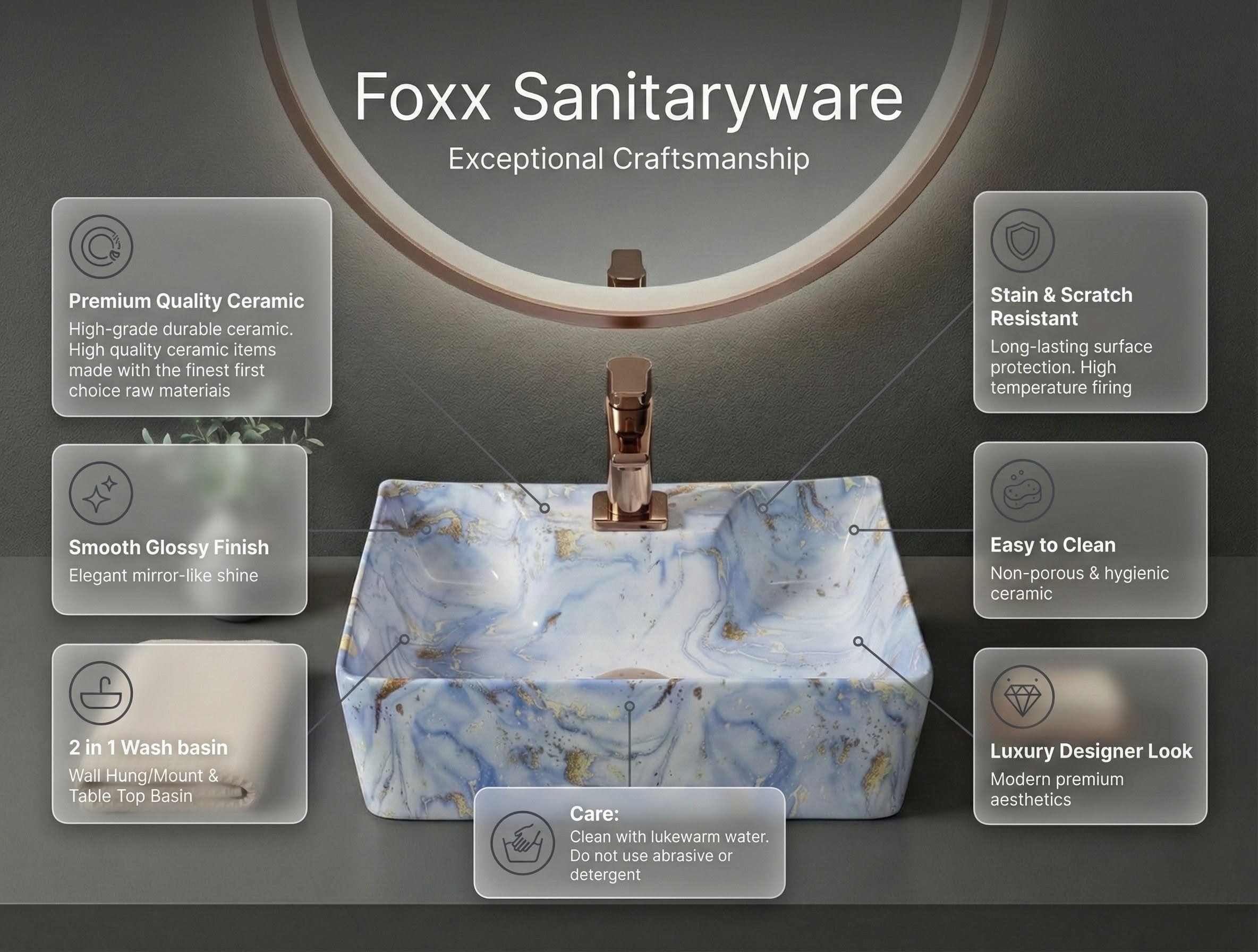 Foxx Sanitaryware 2 in 1 Wall Mount & Table Top Ceramic Premium Wash basin (M-60) (16x12x5) (M-60) Wall Hung Basin