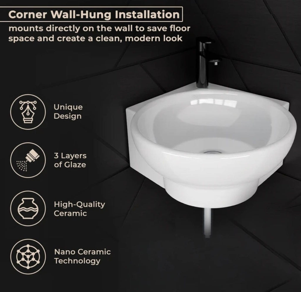 Foxx Sanitaryware Ceramic Premium High Gloss White Wash basin for Bathroom, Hotels, Kitchen Round Corner - Diamond White Corner Basin