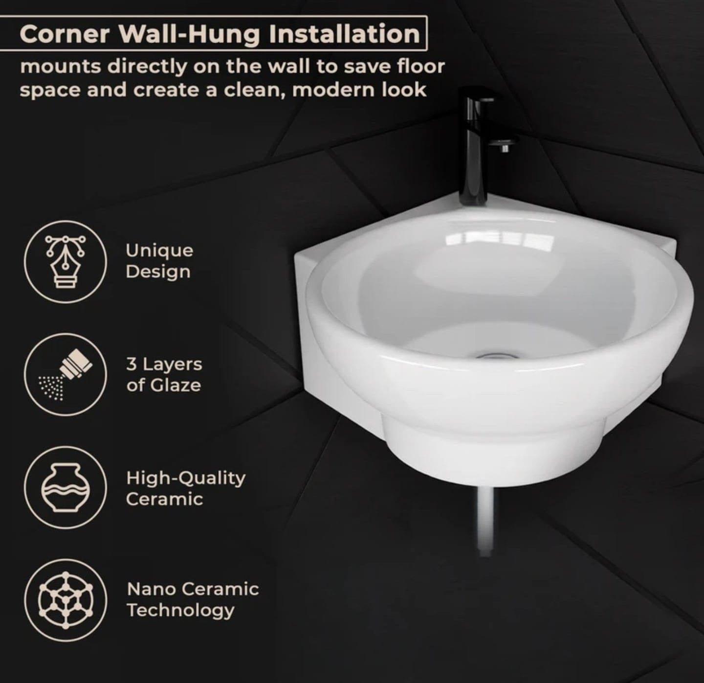 Foxx Sanitaryware Ceramic Premium High Gloss White Wash basin for Bathroom, Hotels, Kitchen Round Corner - Diamond White Corner Basin