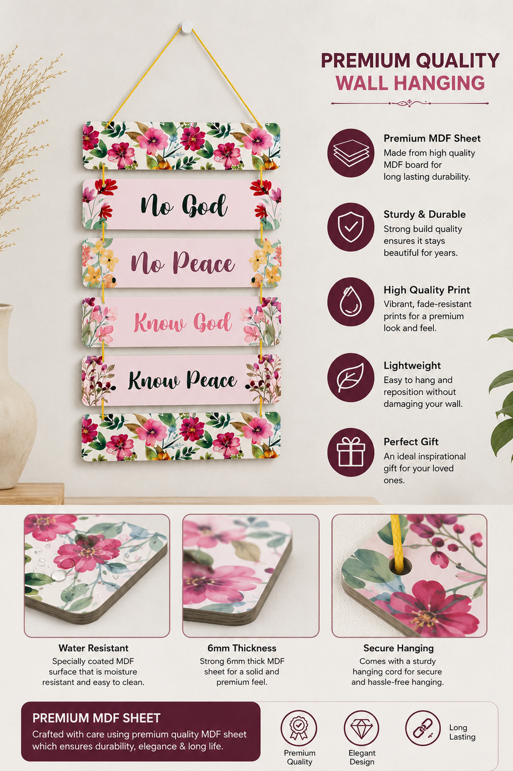 Foxx Sanitaryware Wooden Floral Wall Hanging Plaque for Home Decoration