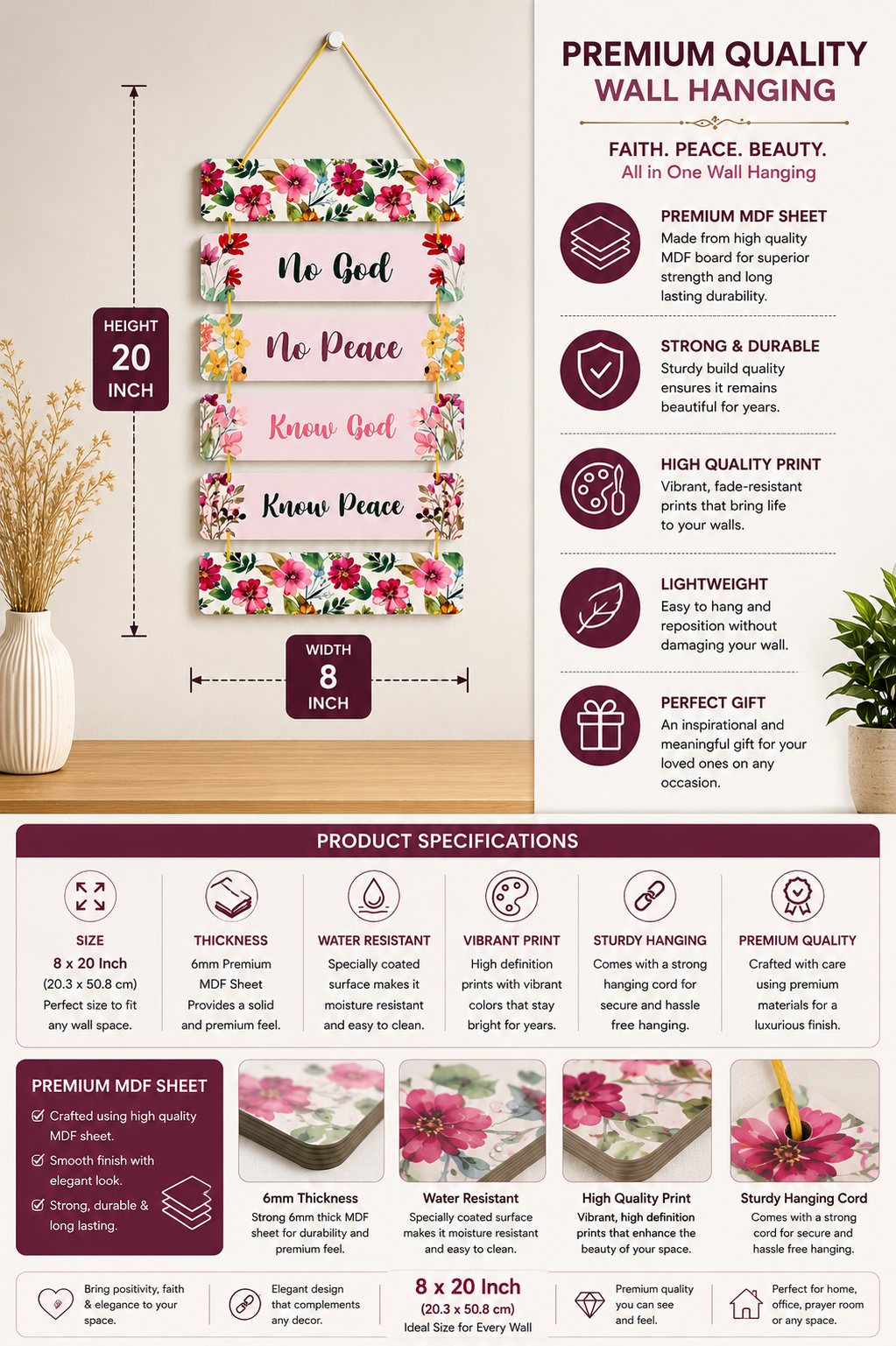 Foxx Sanitaryware Wooden Floral Wall Hanging Plaque for Home Decoration