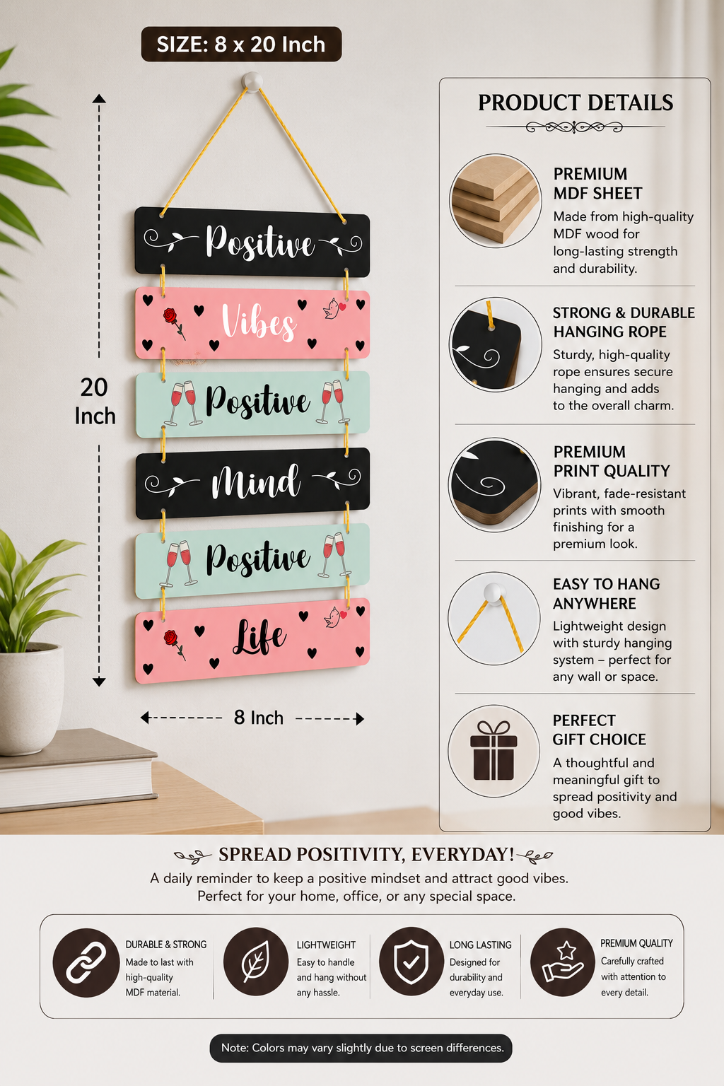 Foxx Sanitaryware Premium MDF Positive Vibes Wooden Wall Hanging for Home Decor