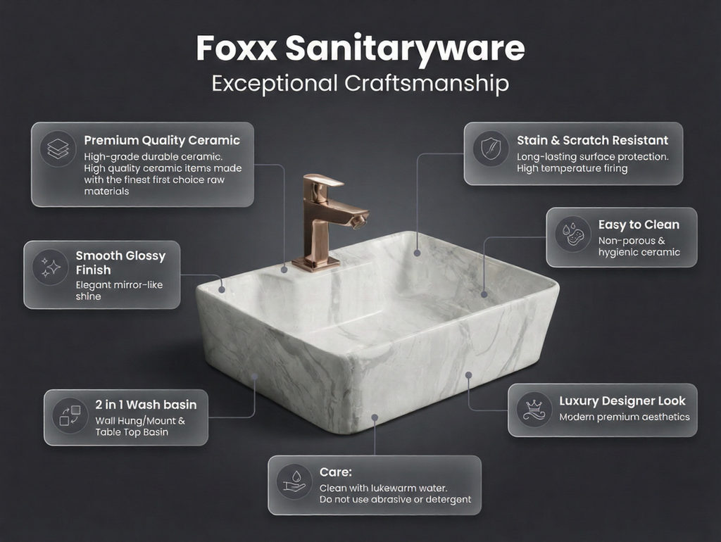 Foxx Sanitaryware 2 in 1 Wall Mount & Table Top Ceramic Premium Wash basin (M-08) (16x12x5) (M-08) Wall Hung Basin