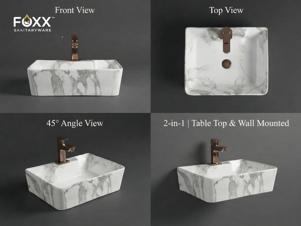 Foxx Sanitaryware 2 in 1 Wall Mount & Table Top Ceramic Premium Wash basin (M-60) (16x12x5) (M-60) Wall Hung Basin