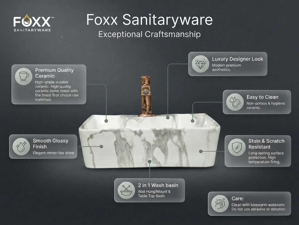 Foxx Sanitaryware 2 in 1 Wall Mount & Table Top Ceramic Premium Wash basin (M-60) (16x12x5) (M-60) Wall Hung Basin