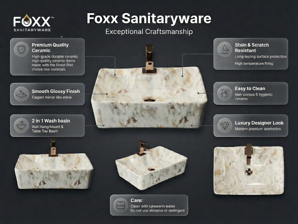 Foxx Sanitaryware 2 in 1 Wall Mount & Table Top Ceramic Premium Wash basin (M-01) (16x12x5) (M-01) Wall Hung Basin