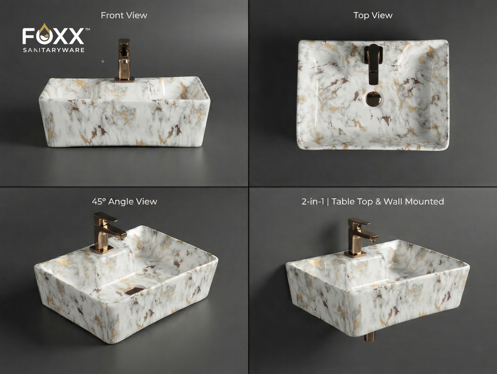 Foxx Sanitaryware 2 in 1 Wall Mount & Table Top Ceramic Premium Wash basin (M-01) (16x12x5) (M-01) Wall Hung Basin