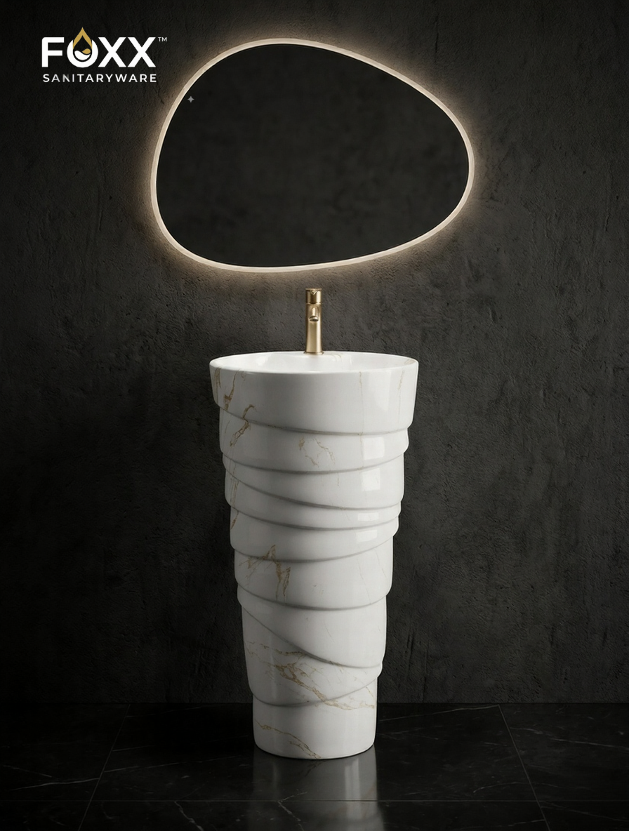 Foxx Sanitaryware Ceramic Premium Designer Pedestal Wash basin for Home, Hotels (M-34 OL) Ice-Cream Cone Pedestal Basin (White & Light Brown Marble Design)
