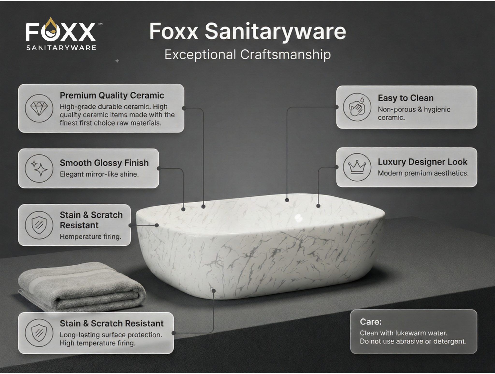 Foxx Sanitaryware Ceramic Premium Designer Wash basin for Home, Hotels (18x13x5)(M-03) (18x13x5) (M-03) Table Top Basin