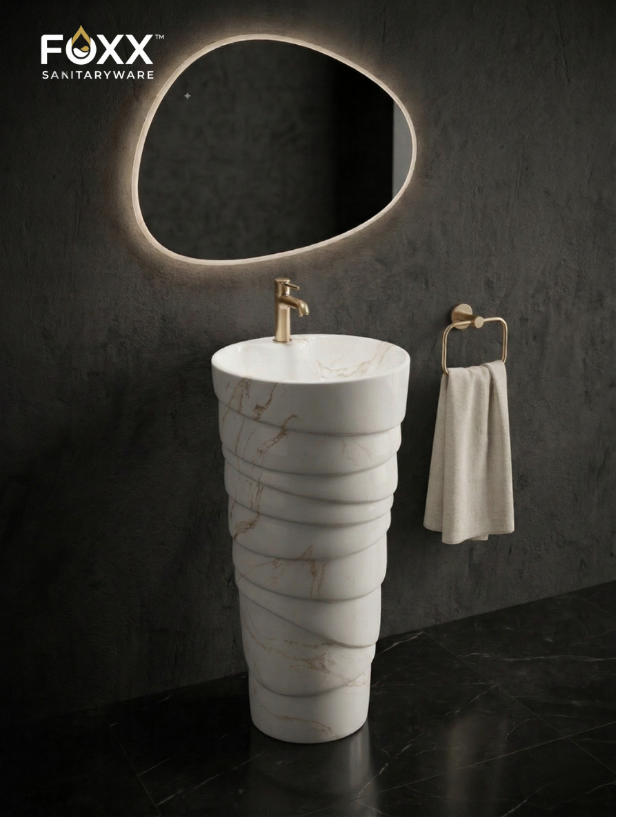 Foxx Sanitaryware Ceramic Premium Designer Pedestal Wash basin for Home, Hotels (M-34 OL) Ice-Cream Cone Pedestal Basin (White & Light Brown Marble Design)