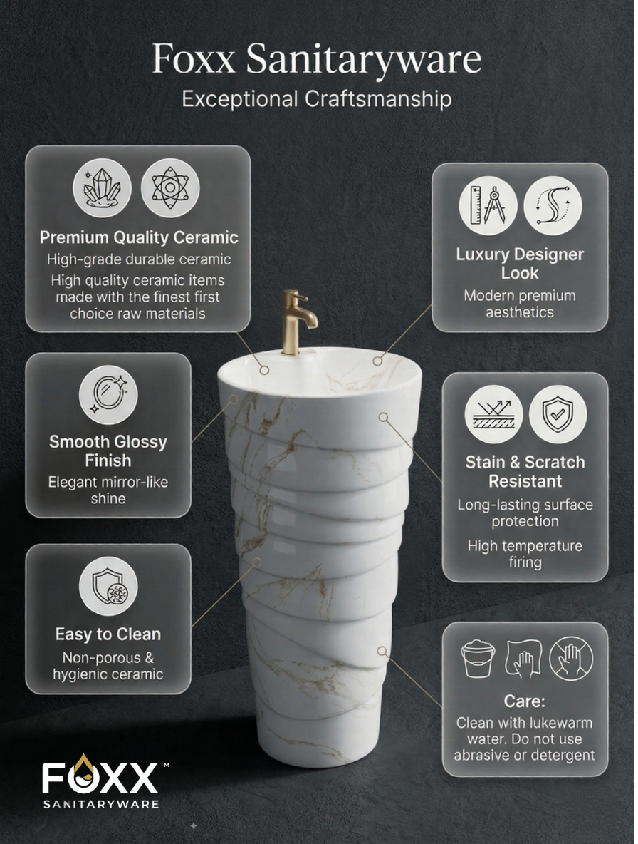 Foxx Sanitaryware Ceramic Premium Designer Pedestal Wash basin for Home, Hotels (M-34 OL) Ice-Cream Cone Pedestal Basin (White & Light Brown Marble Design)