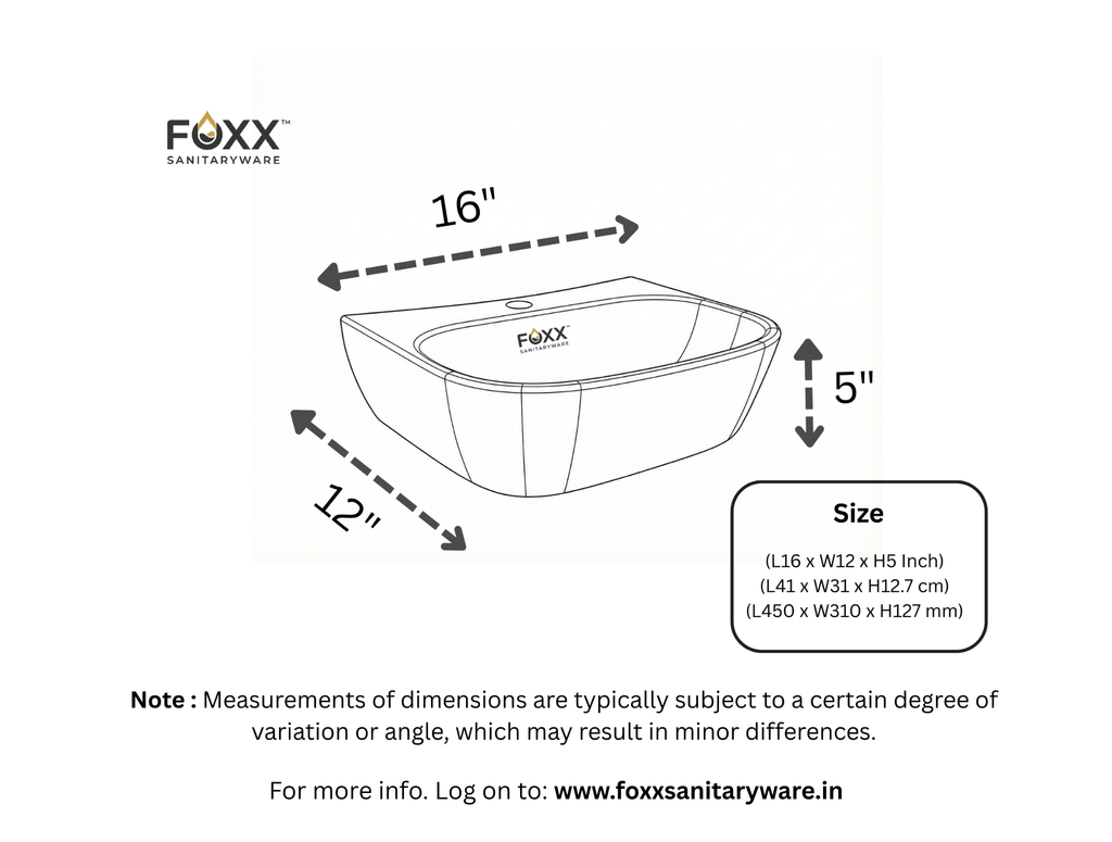 Foxx Sanitaryware 2 in 1 Wall Mount & Table Top Ceramic Premium Wash basin (Glossy White) (16x12x5) DD2 (Diamond White) Wall Hung Basin