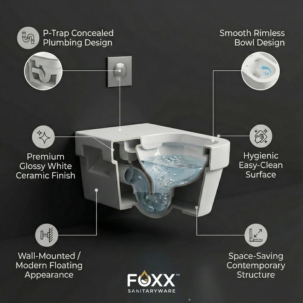 Foxx Sanitaryware Premium Grade White Wall Mounted Commode for Hotels and Home Bold Wall Mounted Commode Western Commode (White)