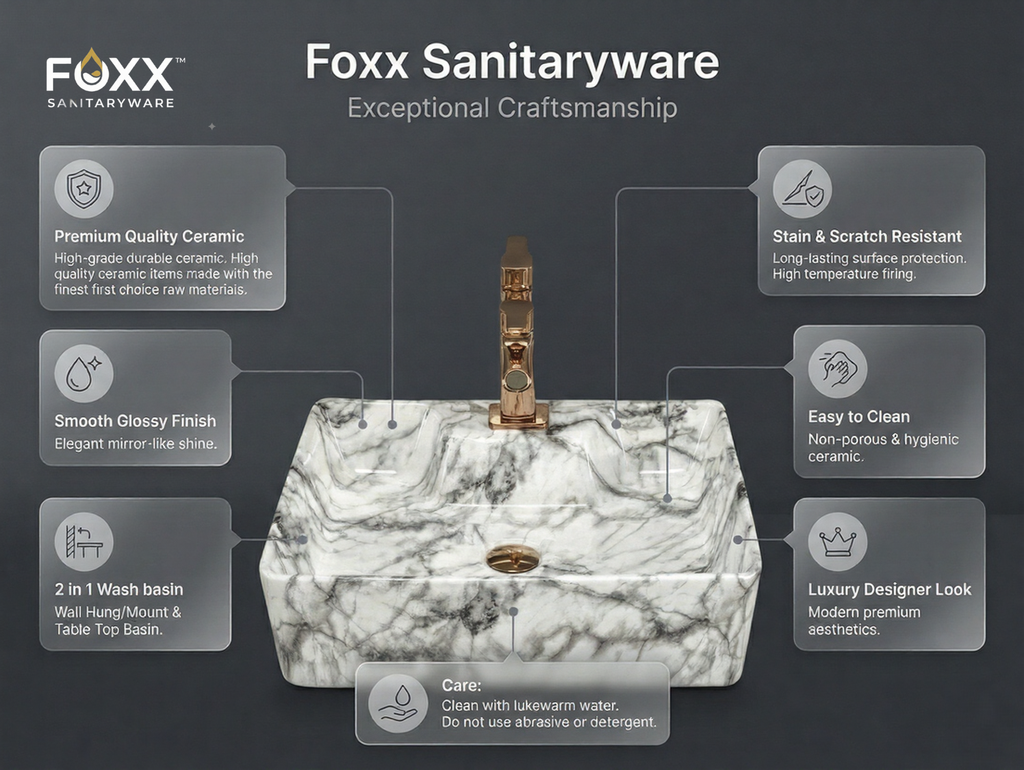 Foxx Sanitaryware 2 in 1 Wall Mount & Table Top Ceramic Premium Wash basin (M-04) (16x12x5) (M-04) Wall Hung Basin