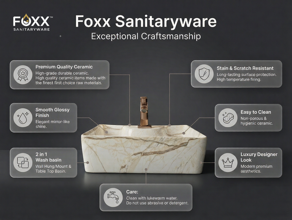 Foxx Sanitaryware 2 in 1 Wall Mount & Table Top Ceramic Premium Wash basin (M-09) (16x12x5) (M-09) Wall Hung Basin