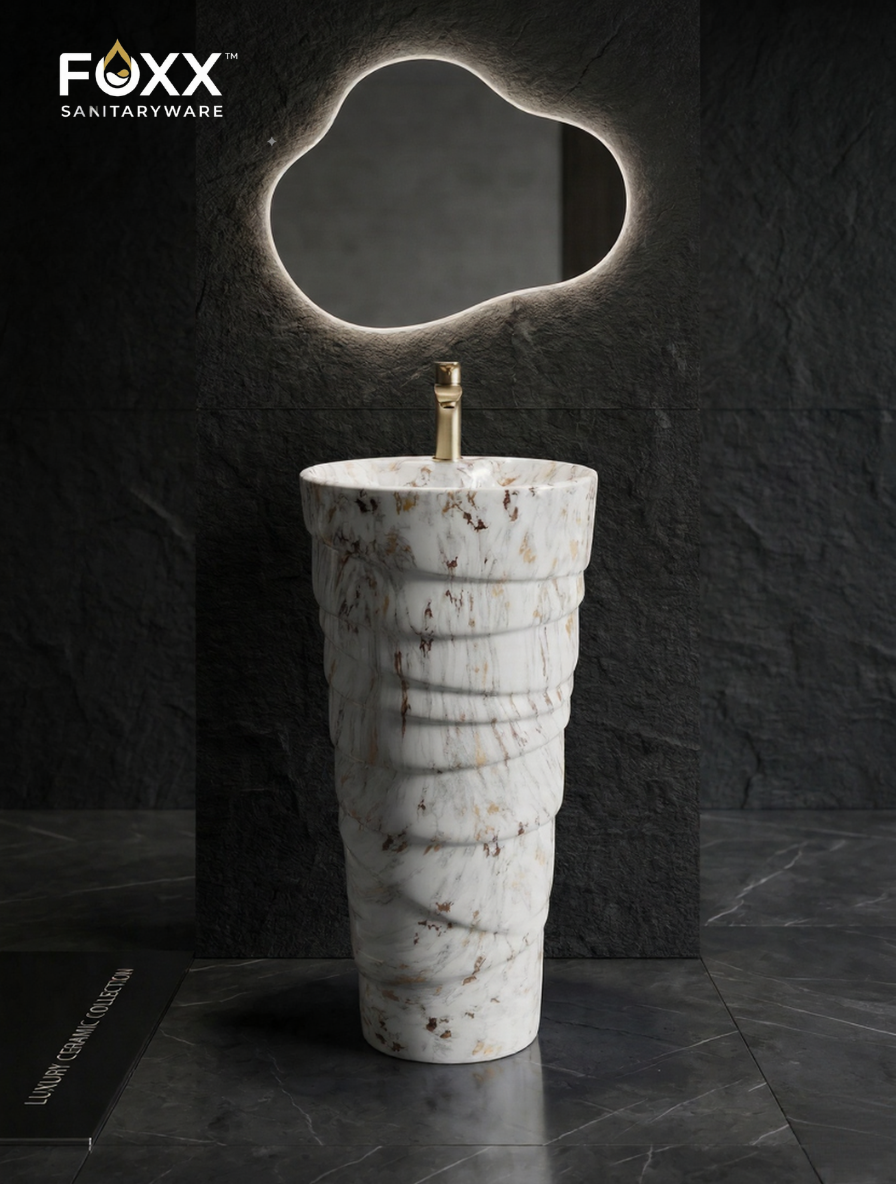 Foxx Sanitaryware Ceramic Premium Designer Pedestal Wash basin for Home, Hotels (M-01) Ice-Cream Cone Pedestal Basin (White & Light Brown Marble Design)