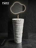 Foxx Sanitaryware Ceramic Premium Designer Pedestal Wash basin for Home, Hotels (M-01) Ice-Cream Cone Pedestal Basin (White & Light Brown Marble Design)