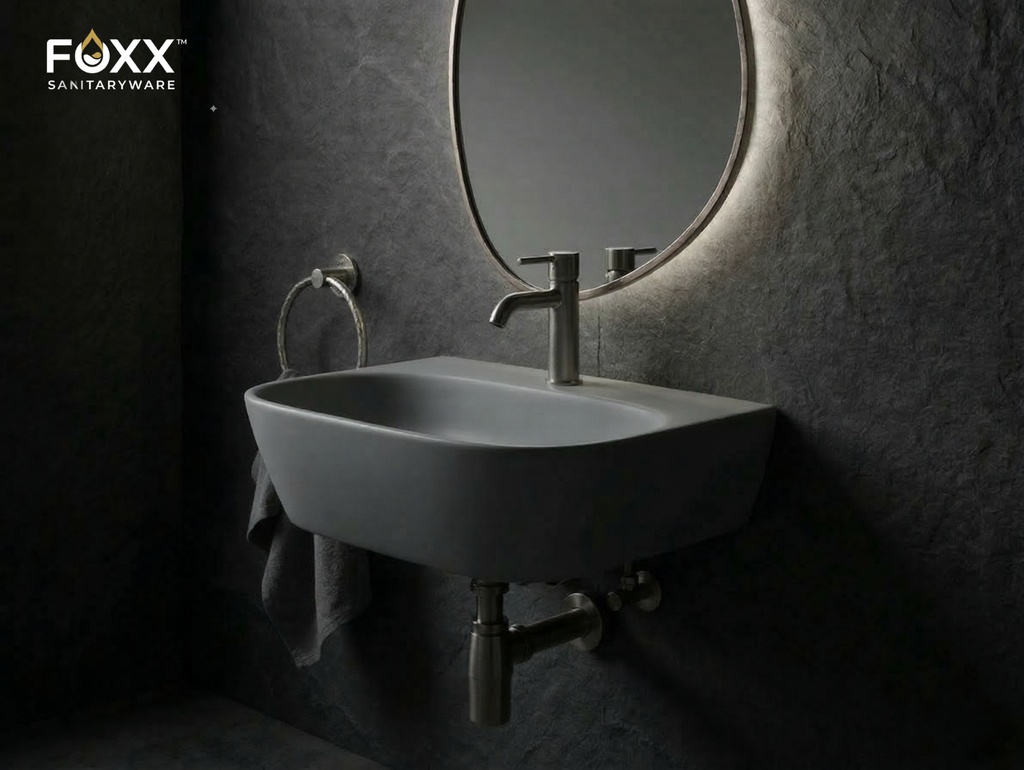 Foxx Sanitaryware 2 in 1 Wall Mount & Table Top Ceramic Premium Wash basin (Grey Matt) (16x12x5) Wall Hung Basin