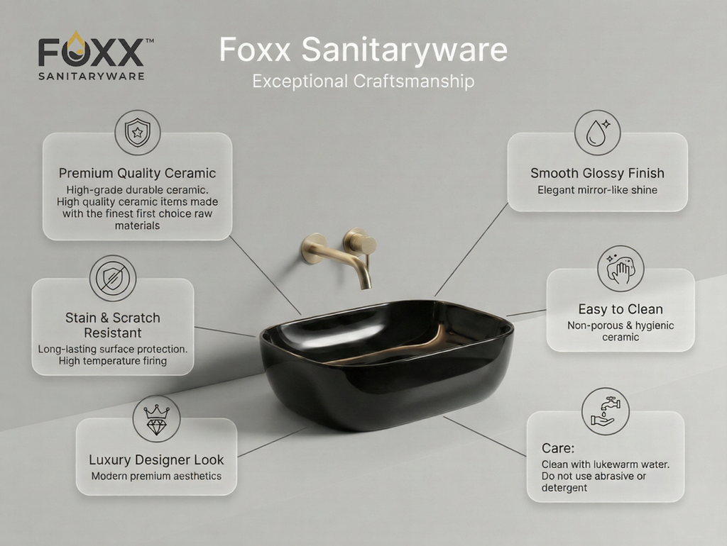 Foxx Sanitaryware Ceramic Premium Designer Wash basin for Home, Hotels (18x13x5)(Black Glossy)