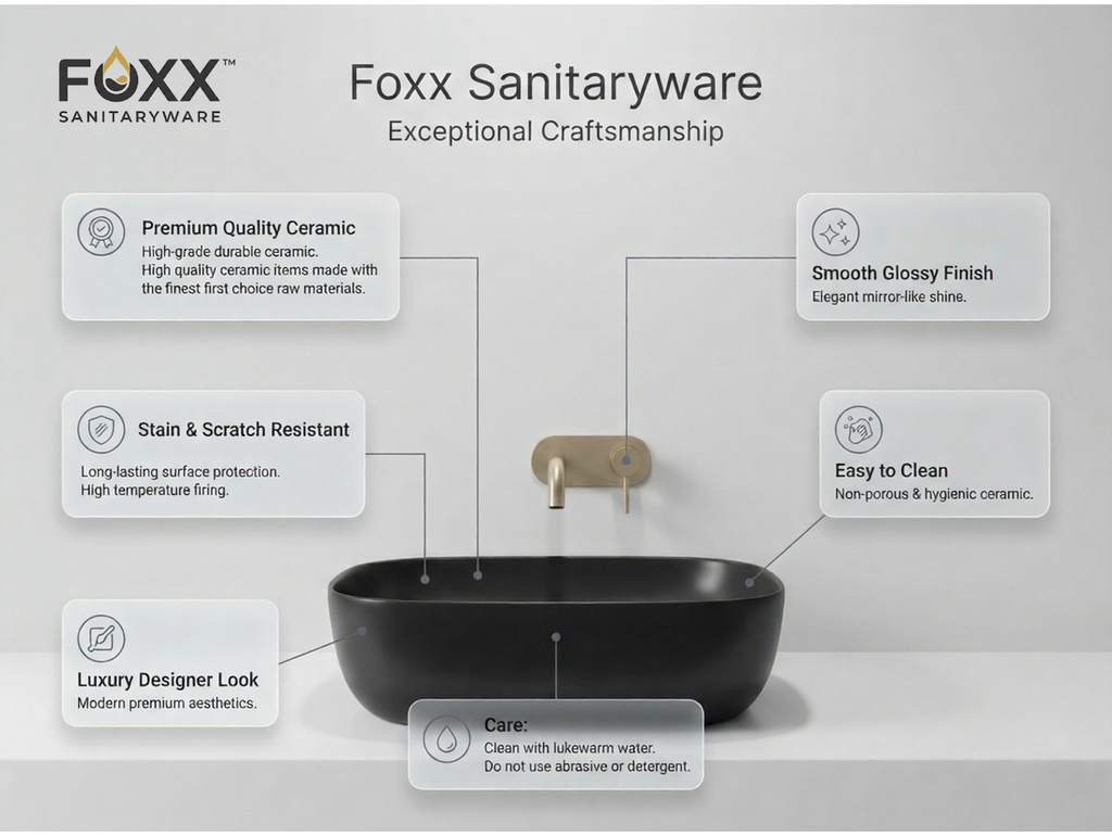 Foxx Sanitaryware Ceramic Premium Designer Wash basin for Home, Hotels (18x13x5)(Black Matt)