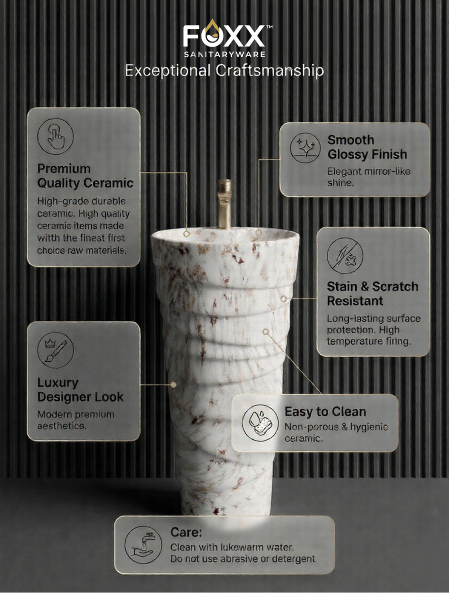 Foxx Sanitaryware Ceramic Premium Designer Pedestal Wash basin for Home, Hotels (M-01) Ice-Cream Cone Pedestal Basin (White & Light Brown Marble Design)
