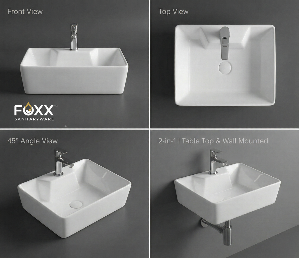 Foxx Sanitaryware 2 in 1 Wall Mount & Table Top Ceramic Premium Wash basin (Glossy White) (16x12x5) (Diamond White) Wall Hung Basin