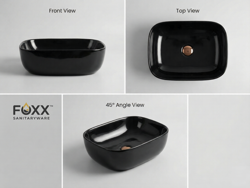 Foxx Sanitaryware Ceramic Premium Designer Wash basin for Home, Hotels (18x13x5)(Black Glossy)