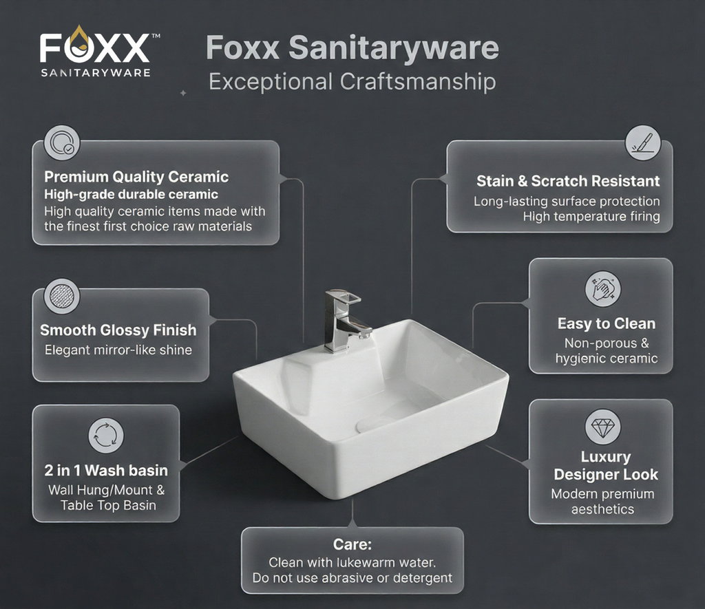 Foxx Sanitaryware 2 in 1 Wall Mount & Table Top Ceramic Premium Wash basin (Glossy White) (16x12x5) (Diamond White) Wall Hung Basin