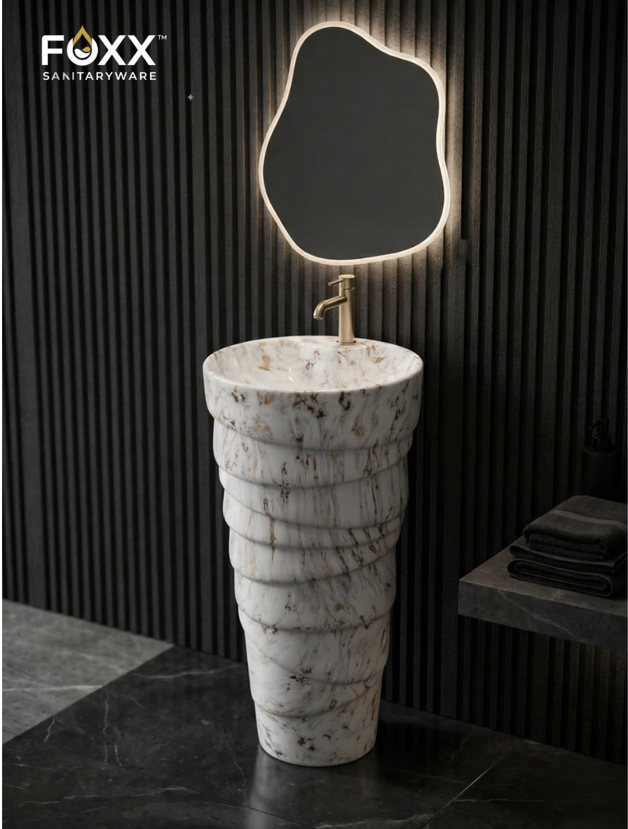 Foxx Sanitaryware Ceramic Premium Designer Pedestal Wash basin for Home, Hotels (M-01) Ice-Cream Cone Pedestal Basin (White & Light Brown Marble Design)