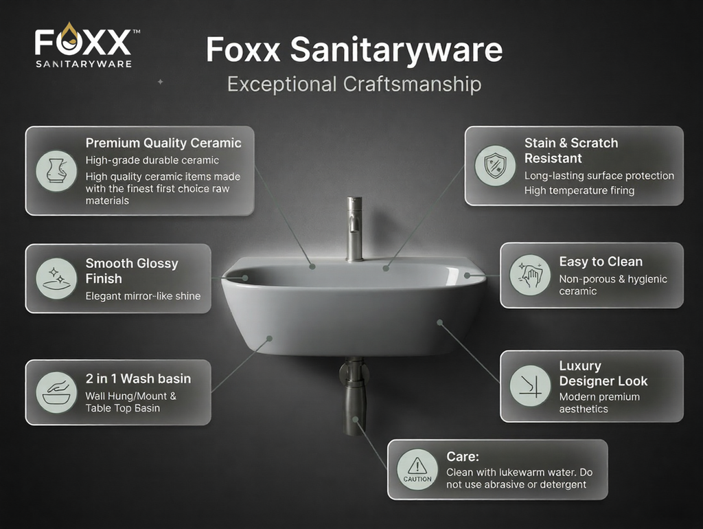 Foxx Sanitaryware 2 in 1 Wall Mount & Table Top Ceramic Premium Wash basin (Grey Matt) (16x12x5) Wall Hung Basin