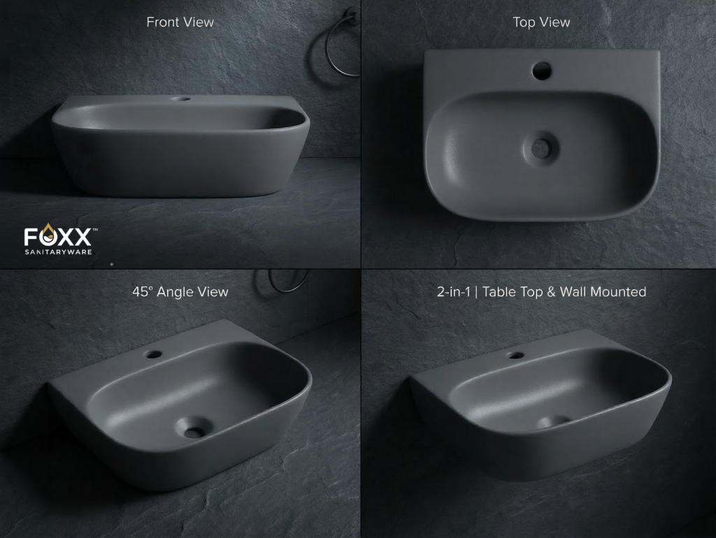 Foxx Sanitaryware 2 in 1 Wall Mount & Table Top Ceramic Premium Wash basin (Grey Matt) (16x12x5) Wall Hung Basin